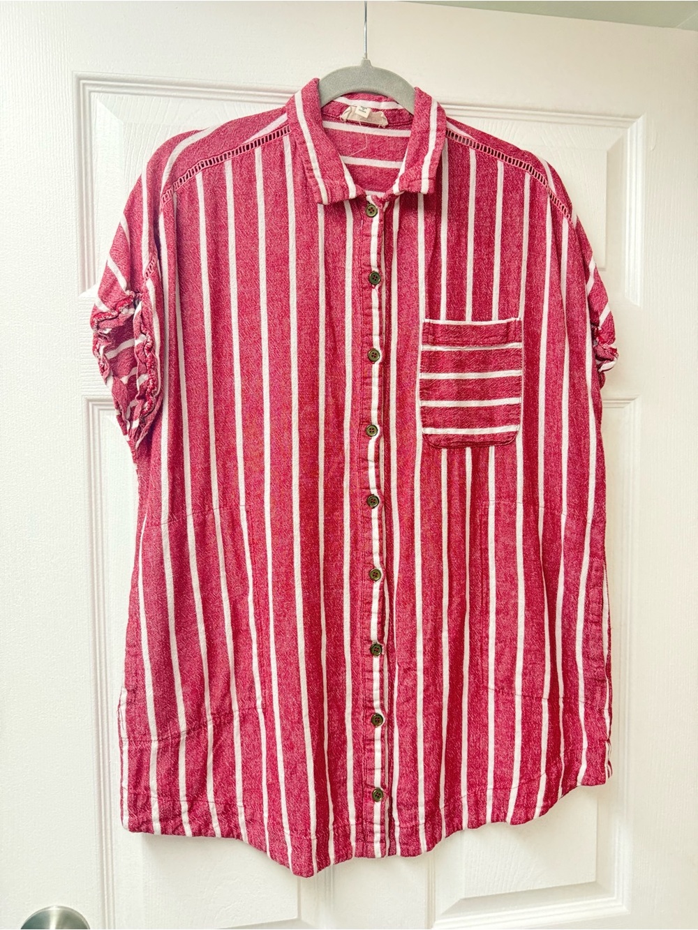Oversized Hopely Pink & White Striped Button-Up Shirt Medium